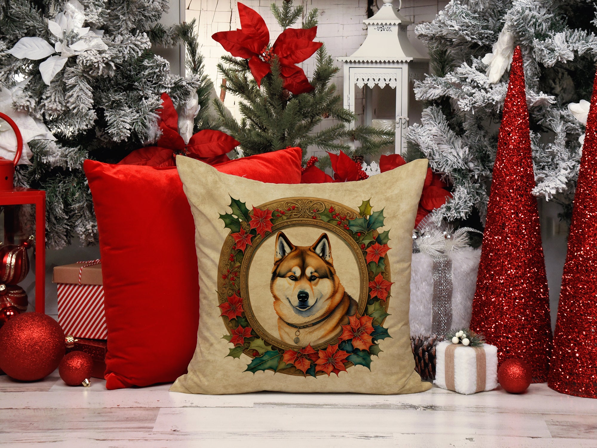 Buy this Akita Christmas Flowers Throw Pillow