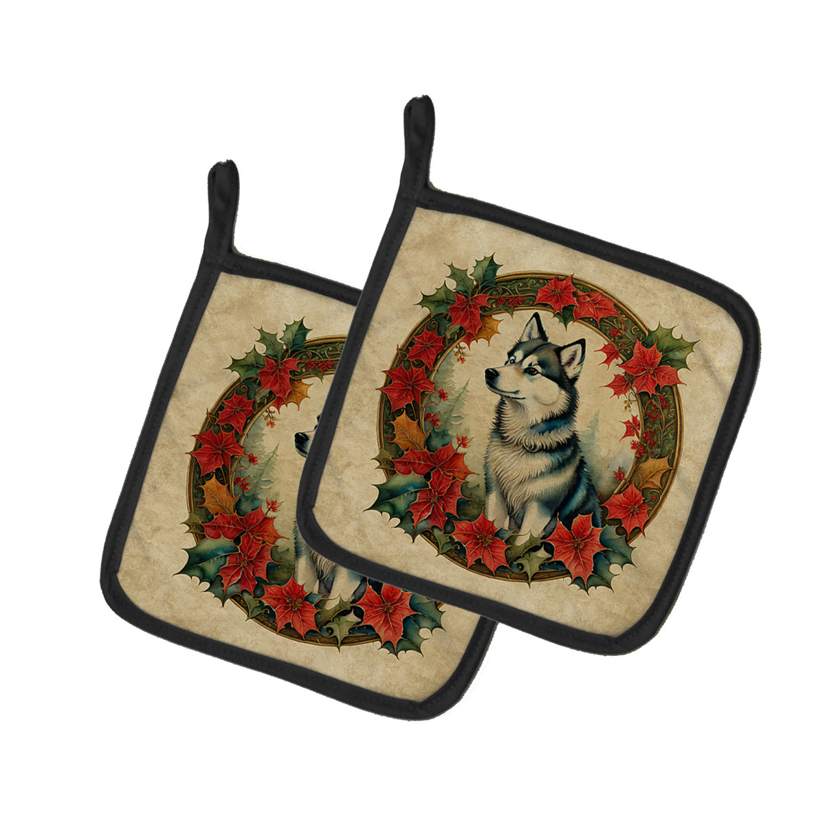 Buy this Alaskan Klee Kai Christmas Flowers Pair of Pot Holders