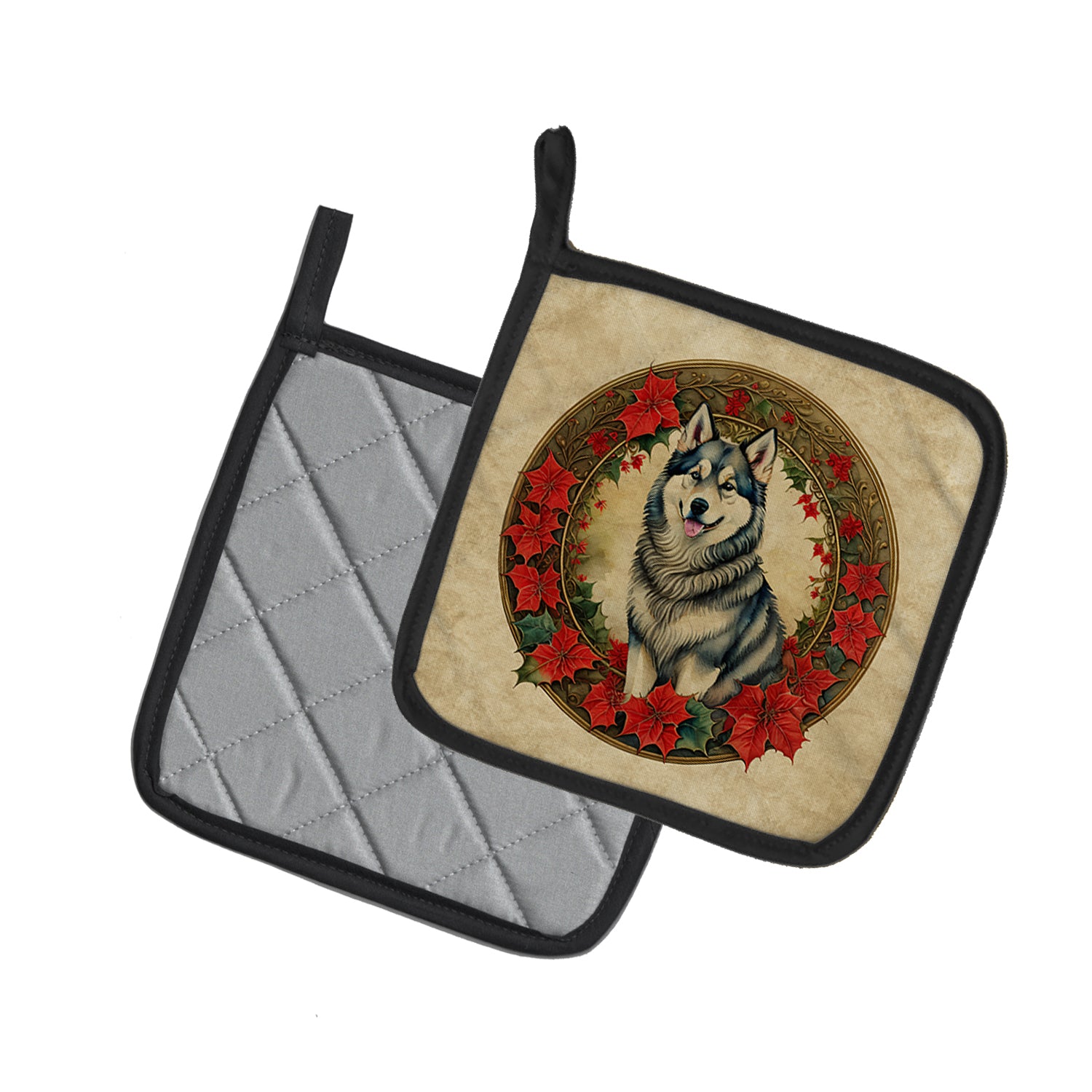 Alaskan Malamute Christmas Flowers Pair of Pot Holders