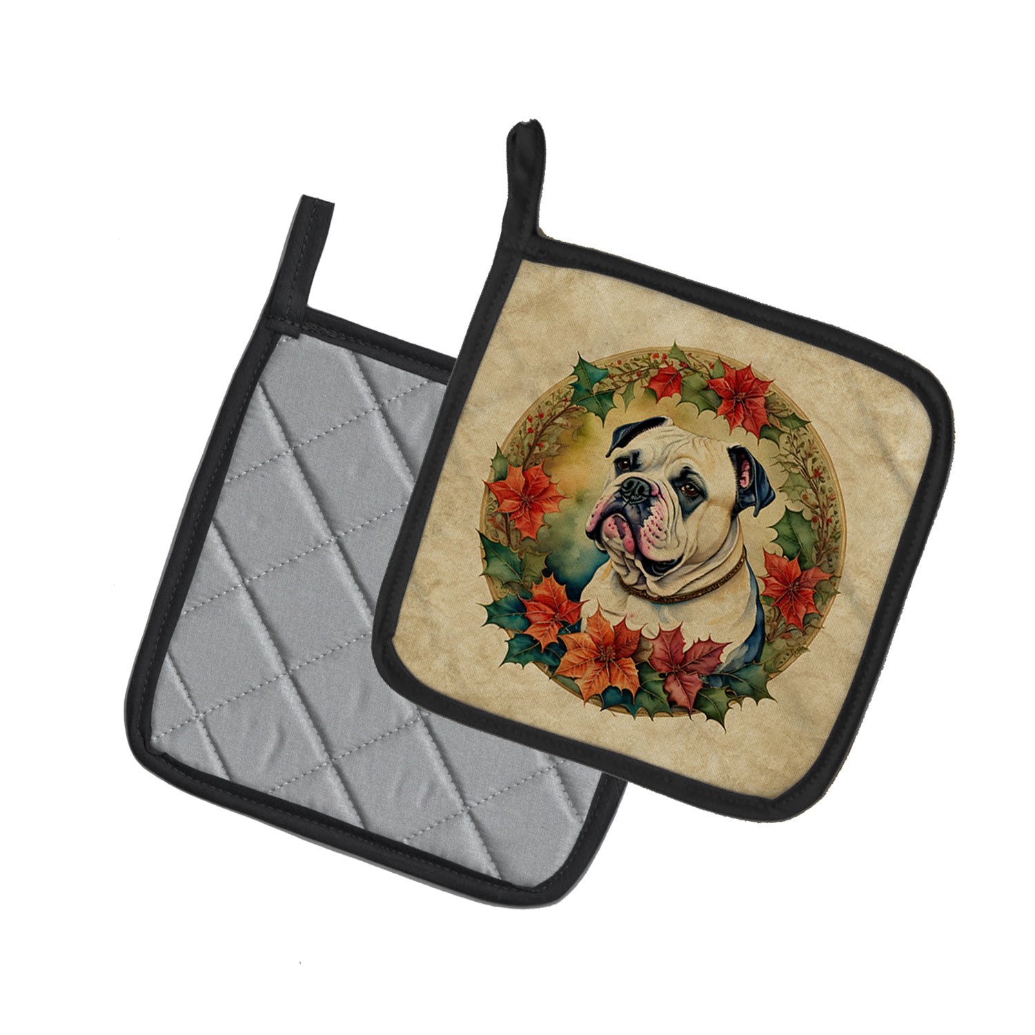 Buy this American Bulldog Christmas Flowers Pair of Pot Holders