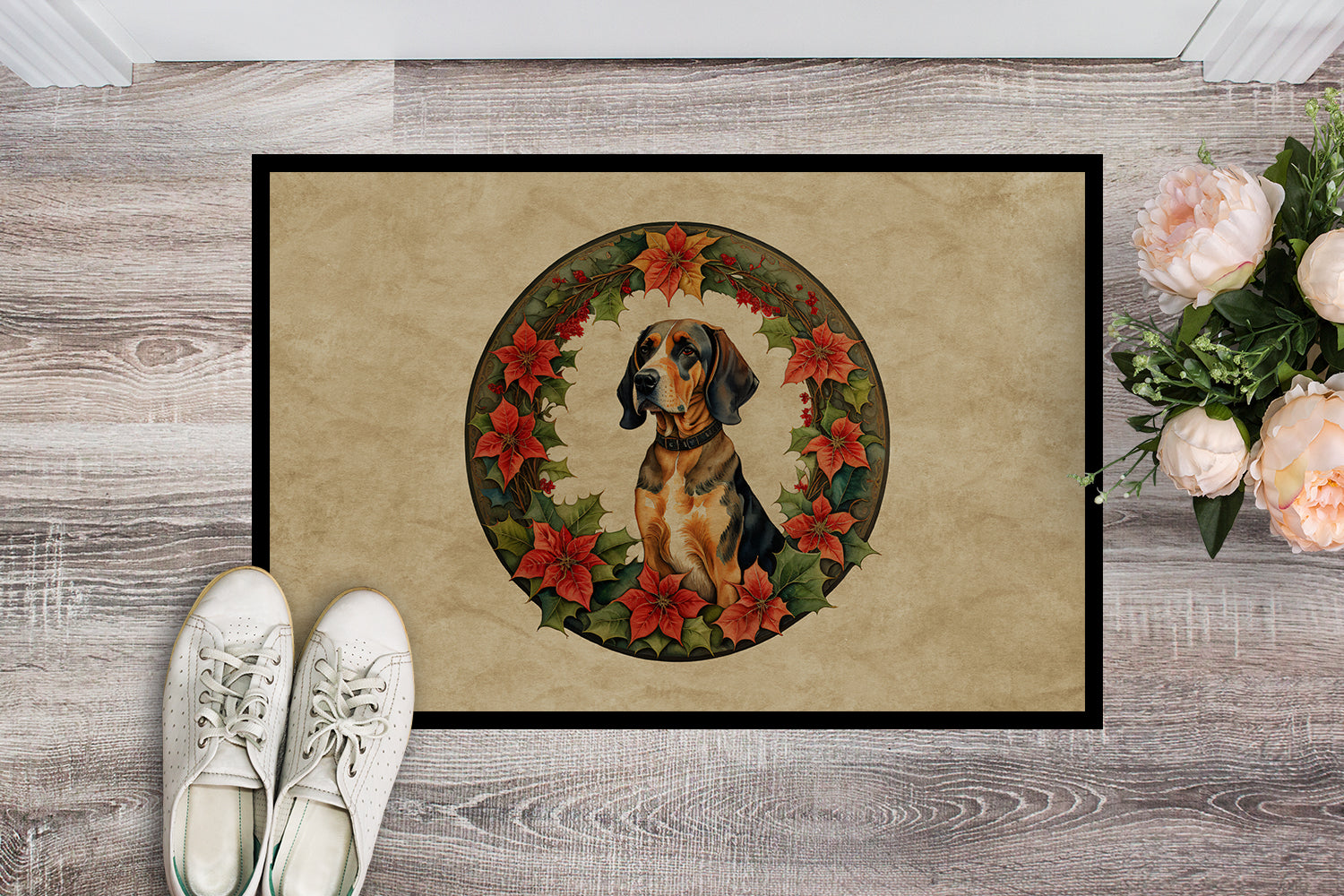 American English Coonhound Christmas Flowers Doormat