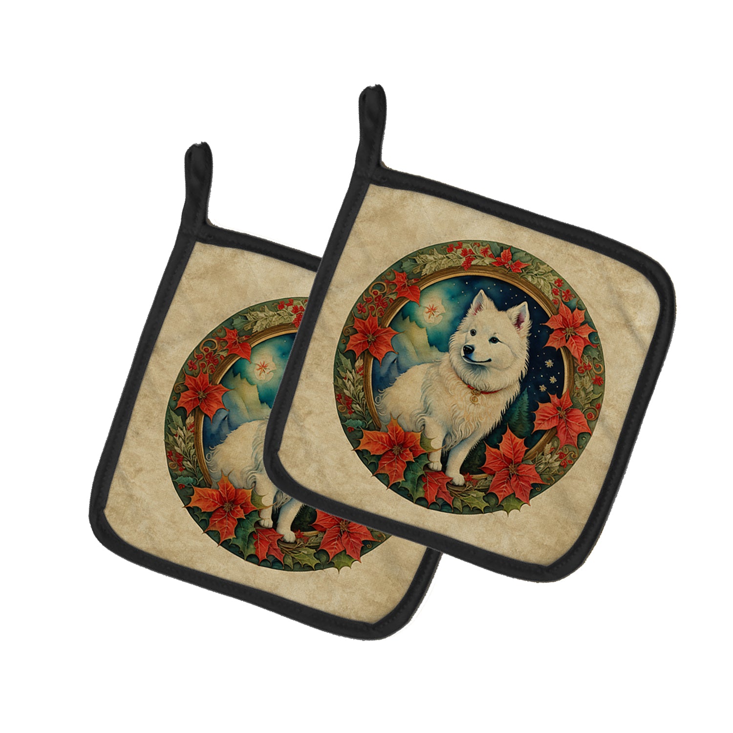 Buy this American Eskimo Christmas Flowers Pair of Pot Holders