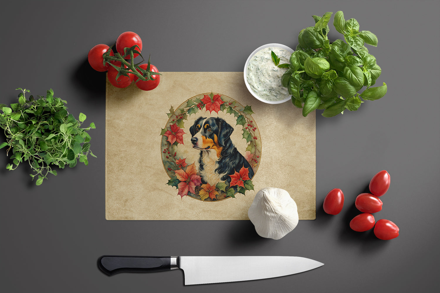 Appenzeller Sennenhund Christmas Flowers Glass Cutting Board