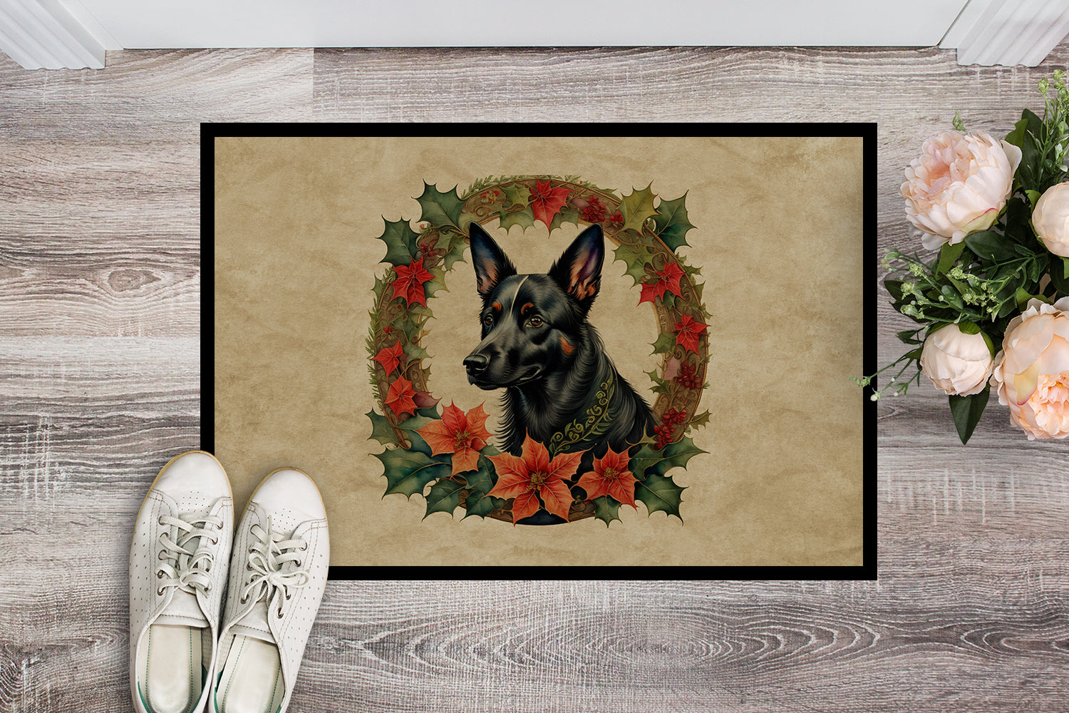 Buy this Australian Kelpie Christmas Flowers Doormat