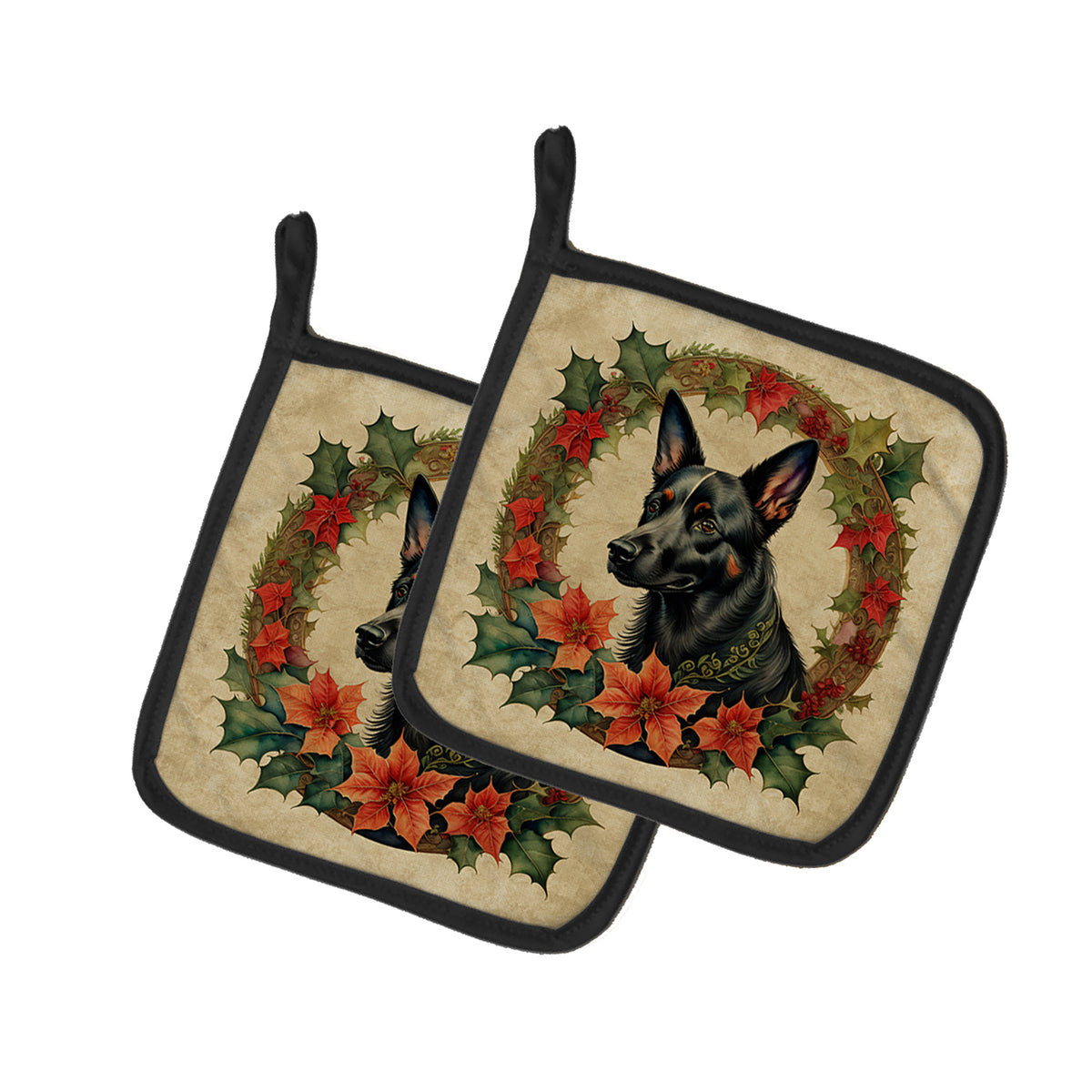 Buy this Australian Kelpie Christmas Flowers Pair of Pot Holders