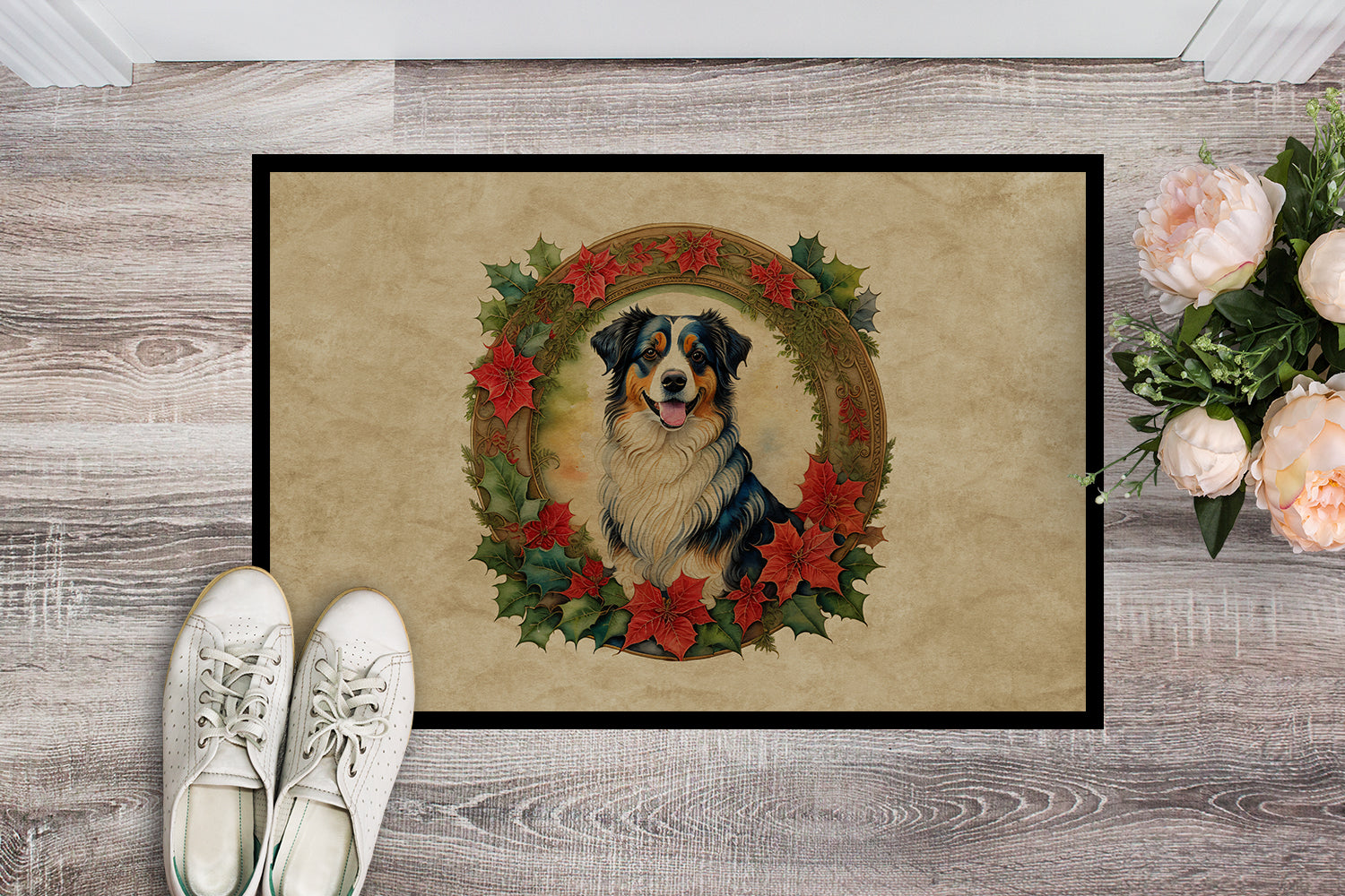 Buy this Australian Shepherd Christmas Flowers Doormat