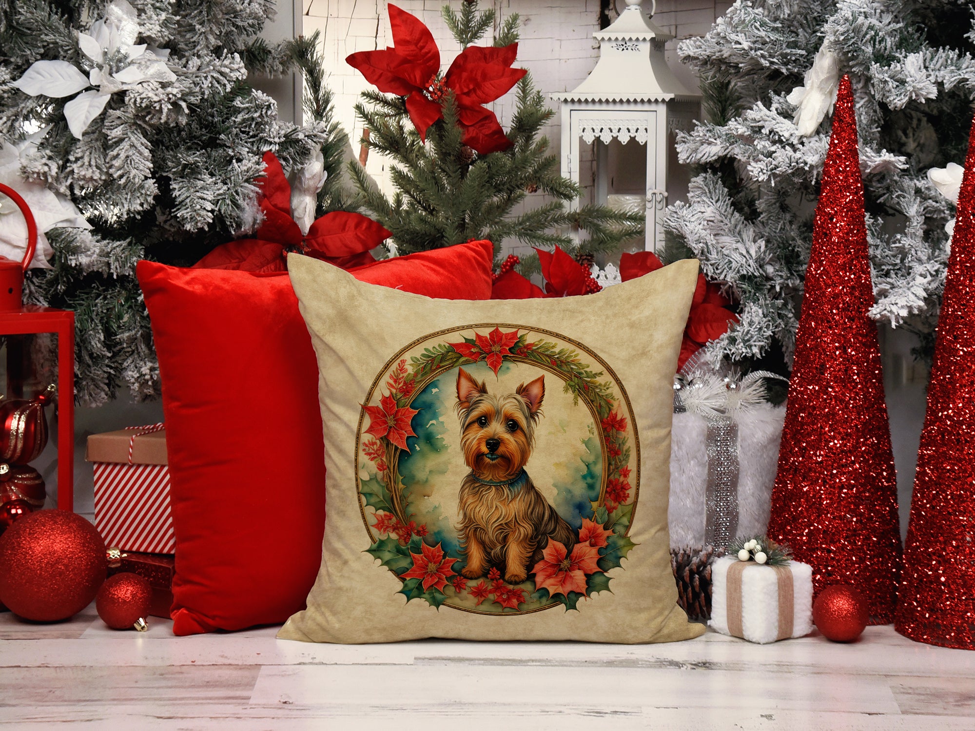 Australian Terrier Christmas Flowers Throw Pillow