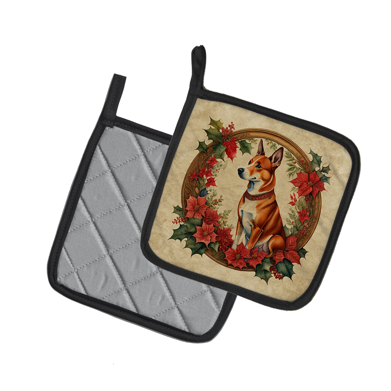 Basenji Christmas Flowers Pair of Pot Holders