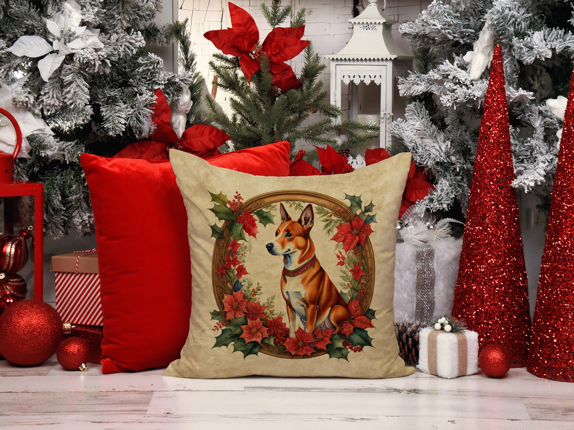 Basenji Christmas Flowers Throw Pillow