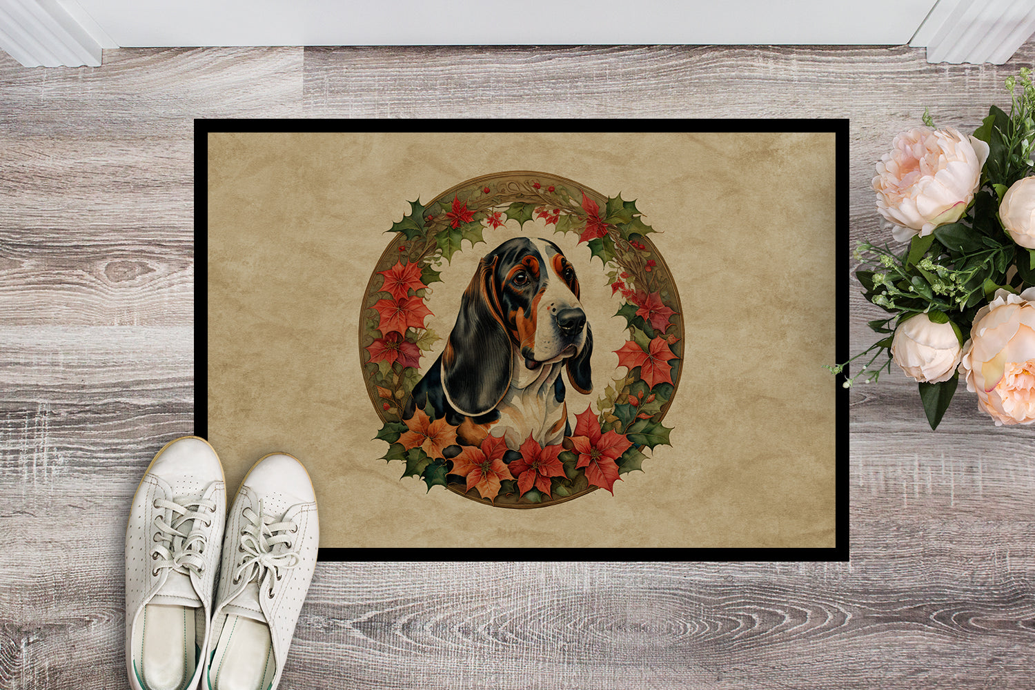 Buy this Basset Hound Christmas Flowers Doormat