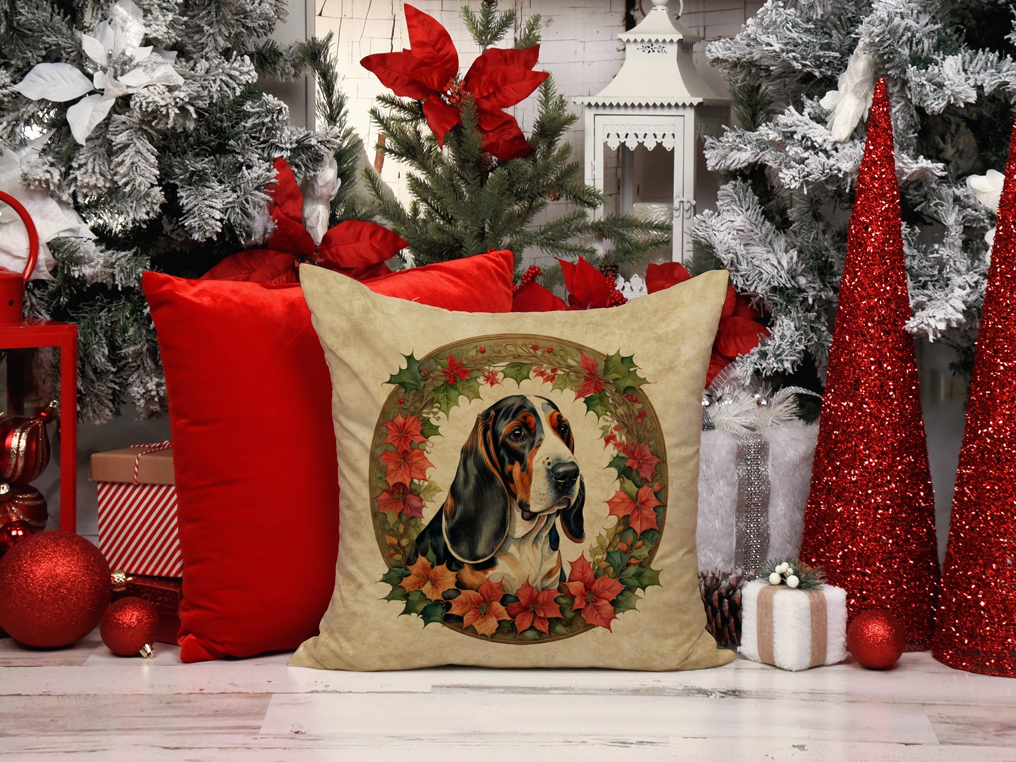 Buy this Basset Hound Christmas Flowers Throw Pillow