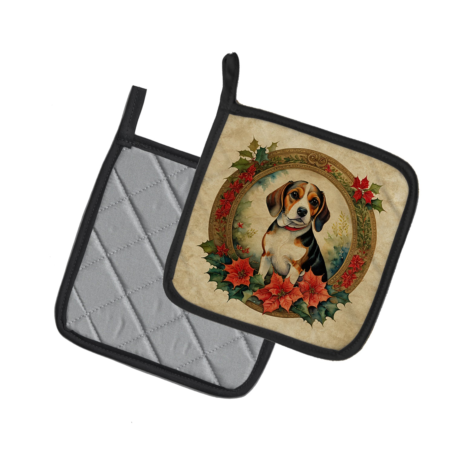 Beagle Christmas Flowers Pair of Pot Holders