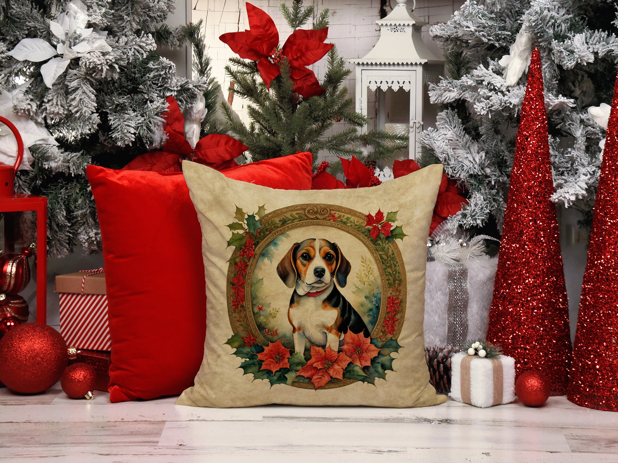 Buy this Beagle Christmas Flowers Throw Pillow