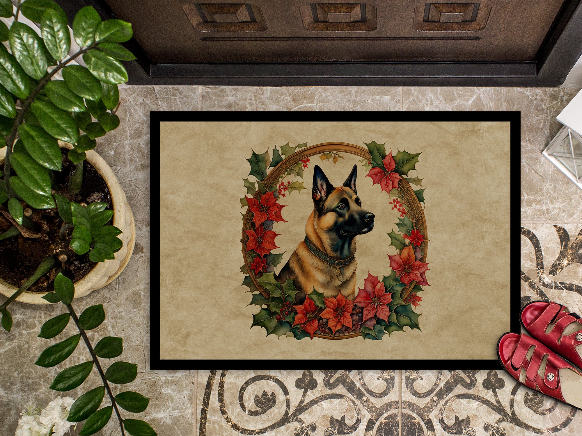 Belgian Malinois Christmas Flowers Doormat