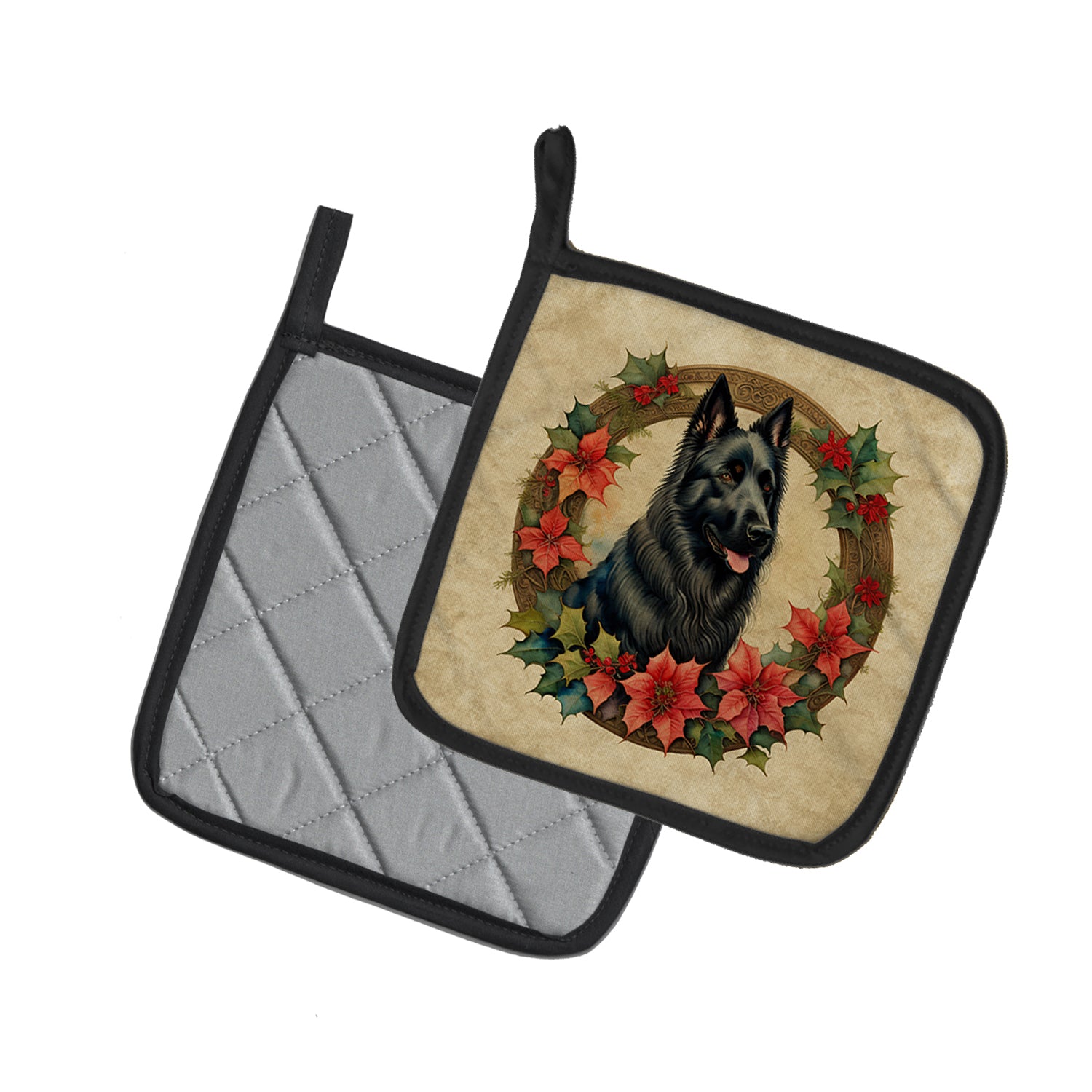 Buy this Belgian Sheepdog Christmas Flowers Pair of Pot Holders