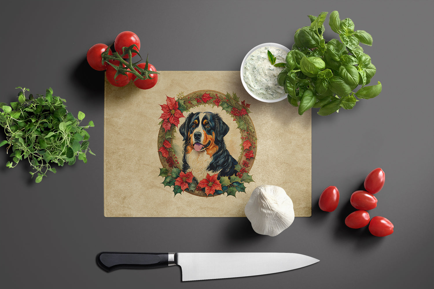 Bernese Mountain Dog Christmas Flowers Glass Cutting Board