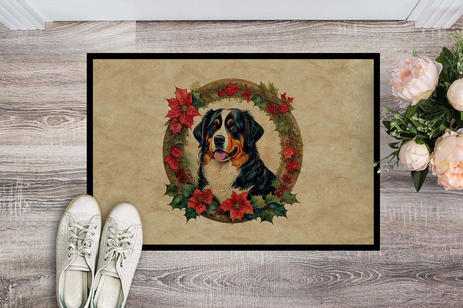 Bernese Mountain Dog Christmas Flowers Doormat