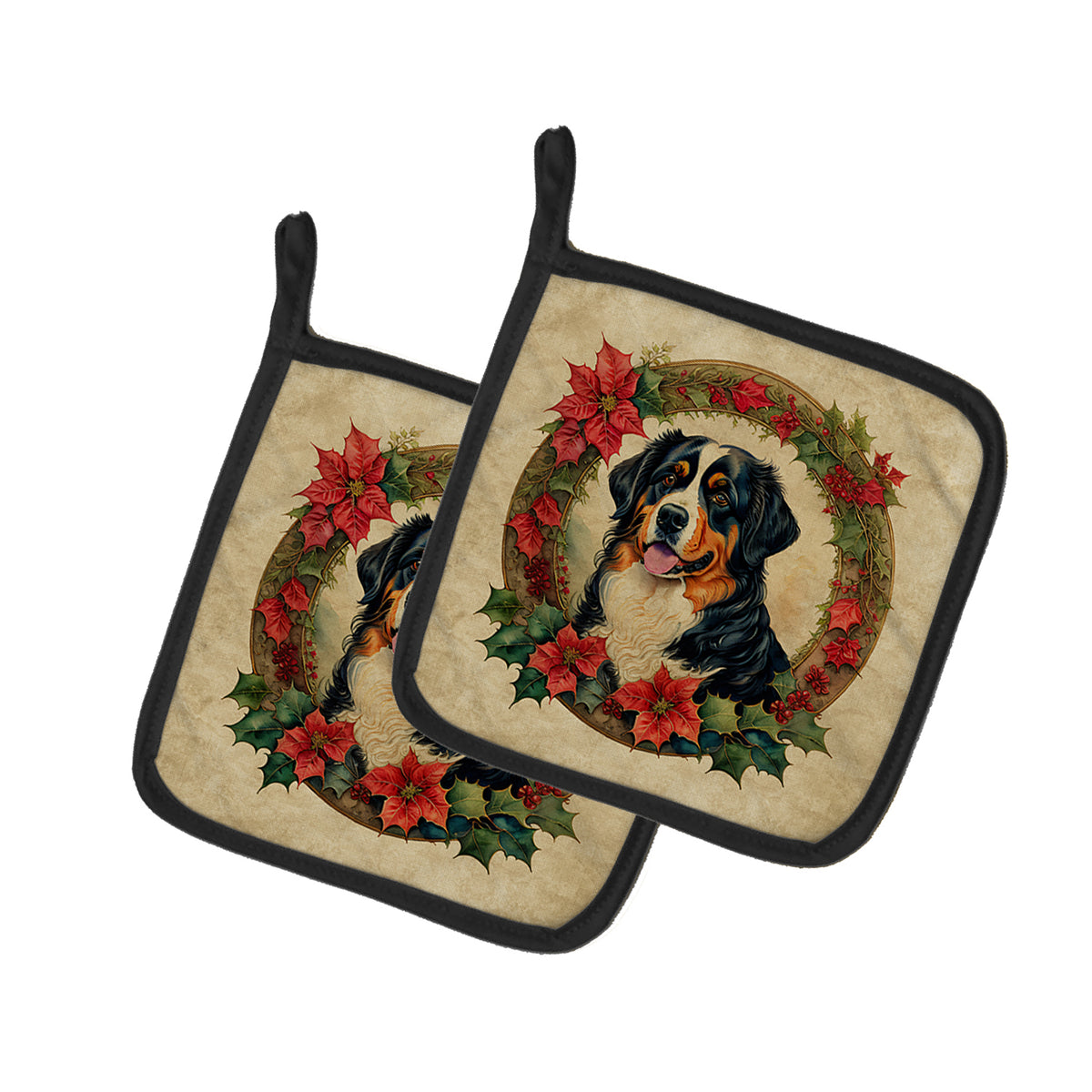 Buy this Bernese Mountain Dog Christmas Flowers Pair of Pot Holders