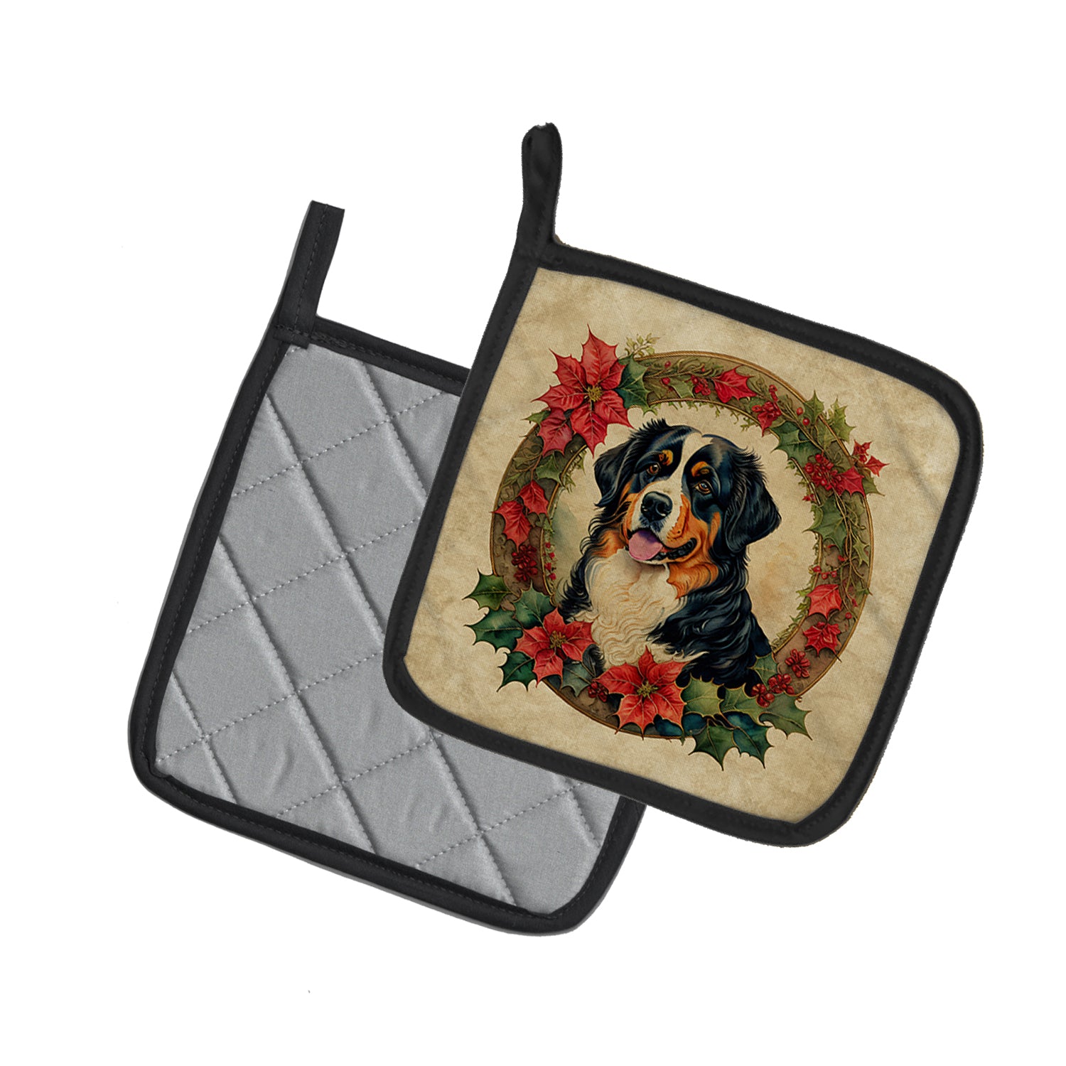 Bernese Mountain Dog Christmas Flowers Pair of Pot Holders