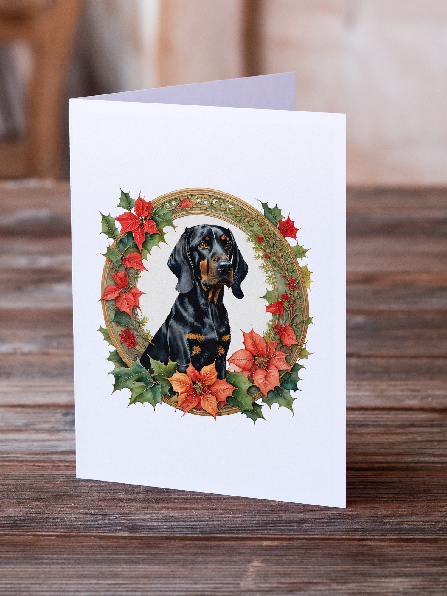 Buy this Black and Tan Coonhound Christmas Flowers Greeting Cards Pack of 8