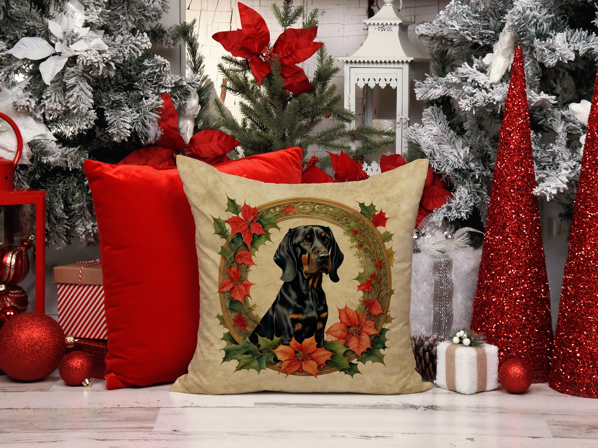 Black and Tan Coonhound Christmas Flowers Throw Pillow