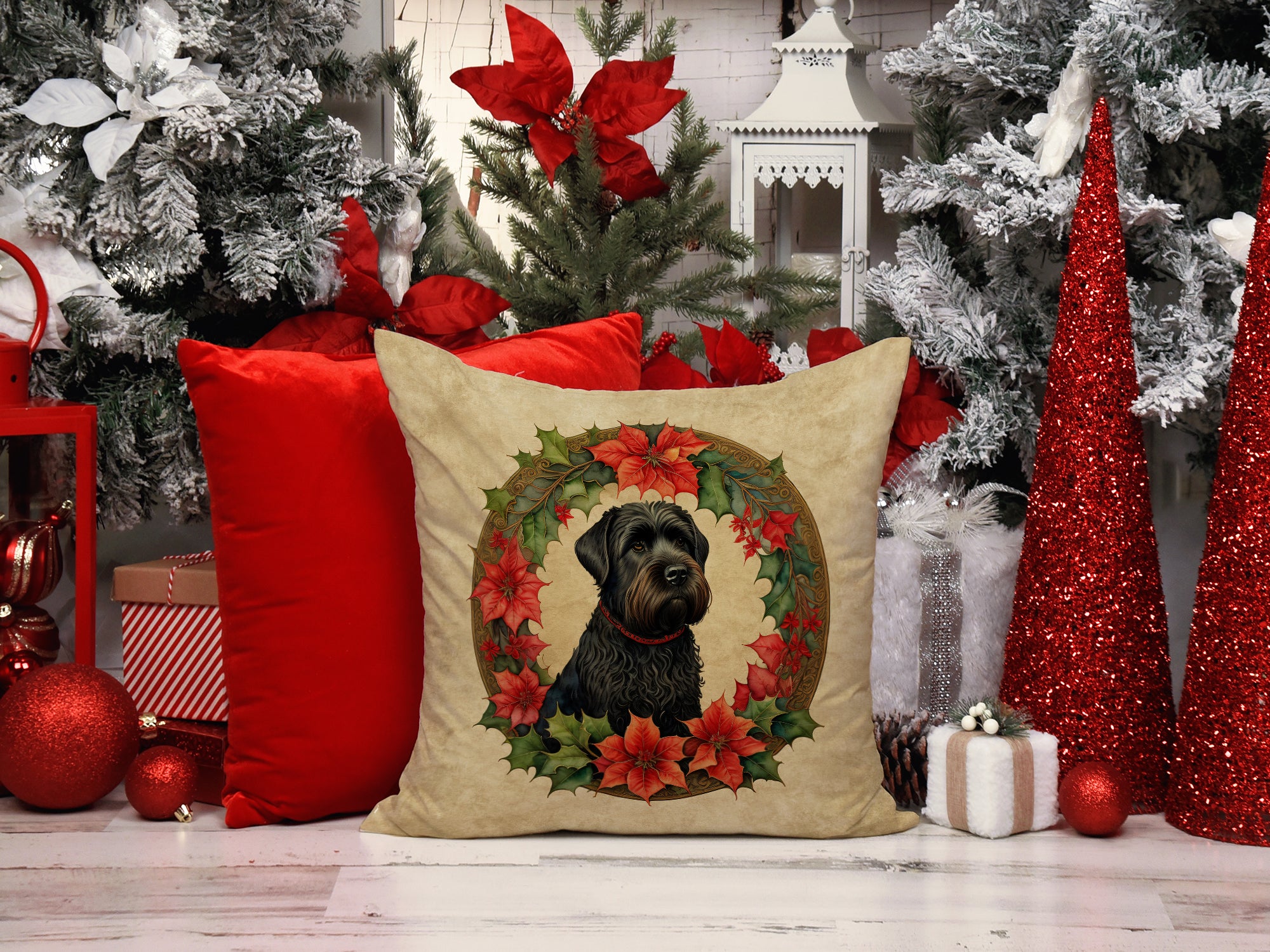 Black Russian Terrier Christmas Flowers Throw Pillow