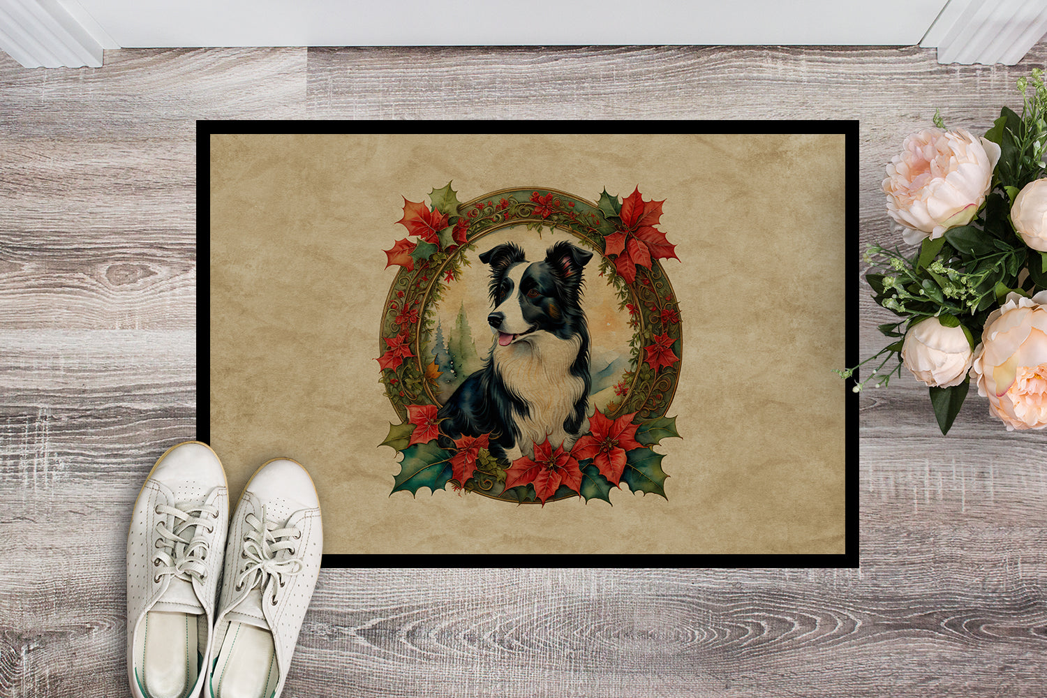 Border Collie Christmas Flowers Doormat