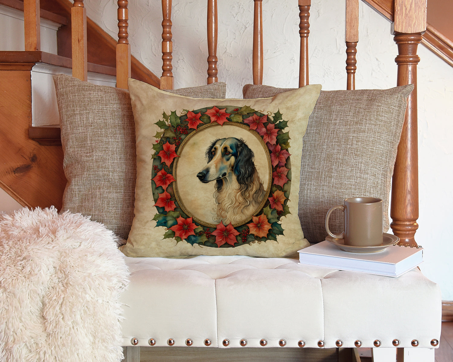 Borzoi Christmas Flowers Throw Pillow