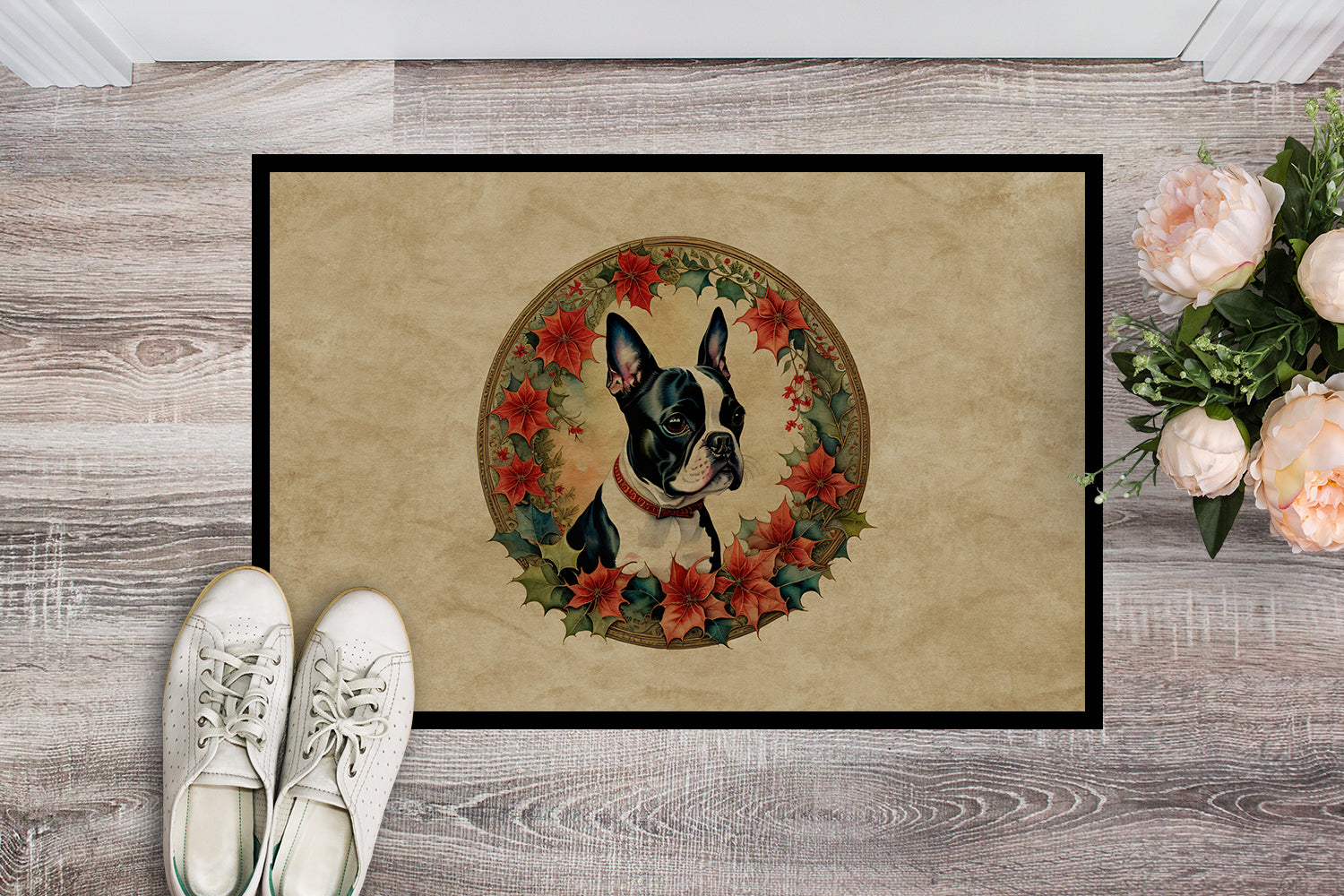 Boston Terrier Christmas Flowers Doormat