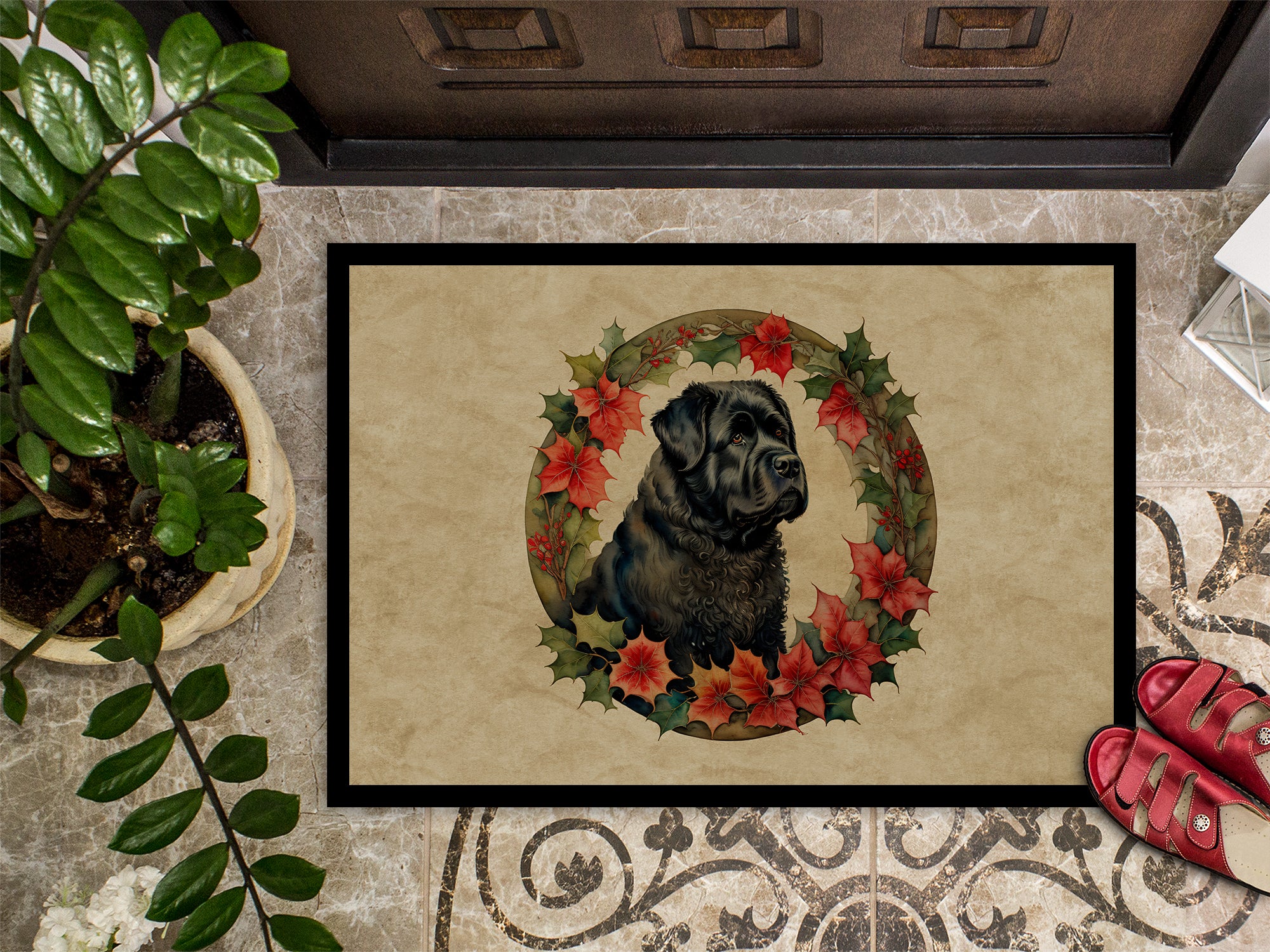 Bouvier des Flandres Christmas Flowers Doormat