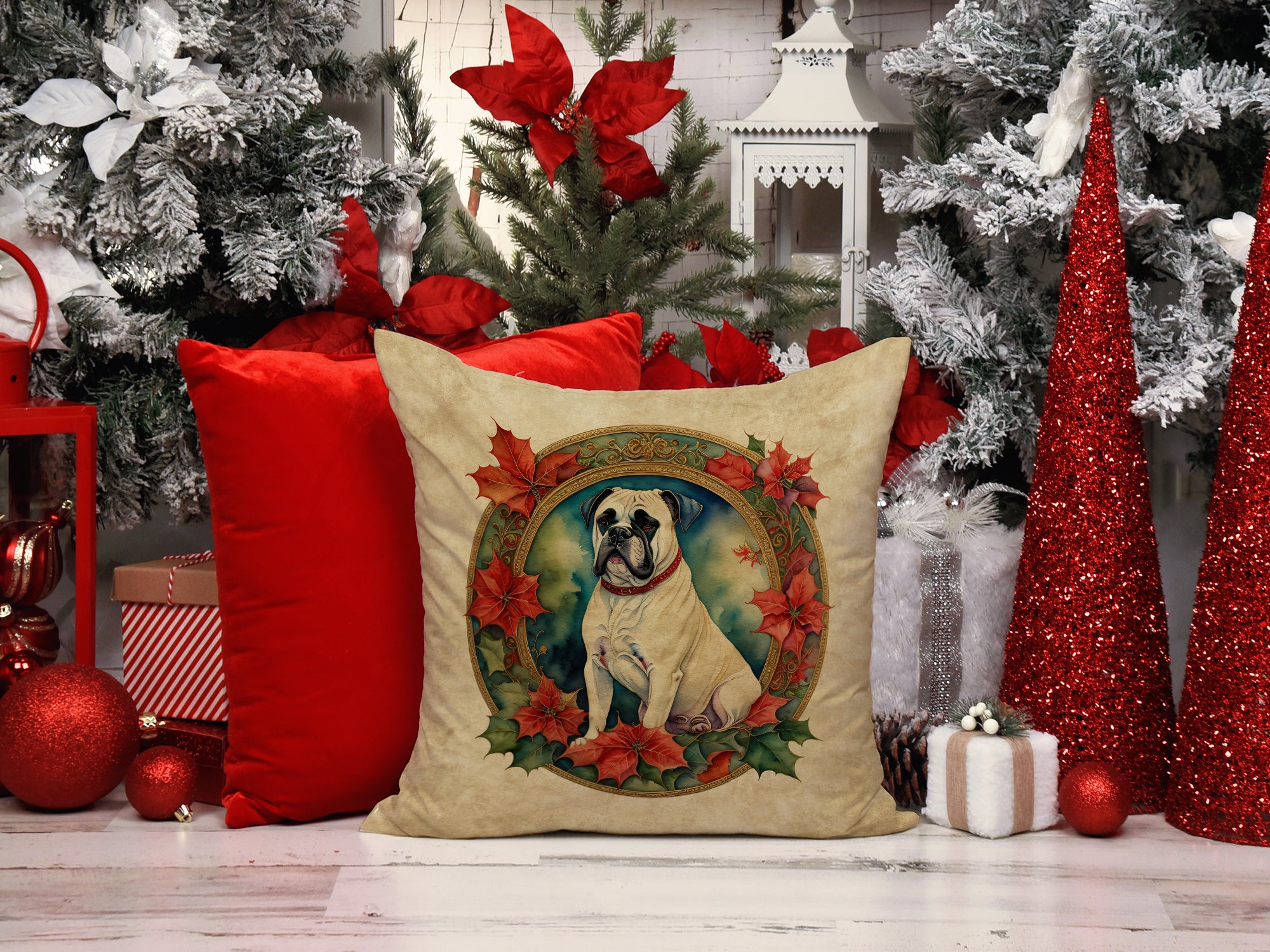 Buy this White Boxer Christmas Flowers Throw Pillow