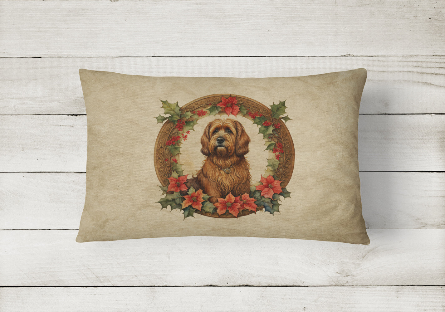 Briard Christmas Flowers Throw Pillow