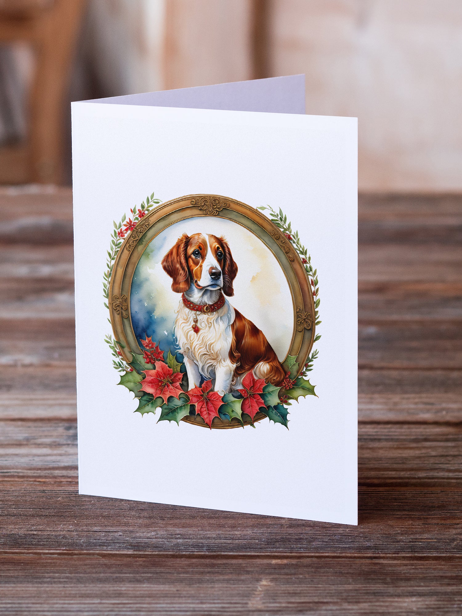 Brittany Spaniel Christmas Flowers Greeting Cards Pack of 8