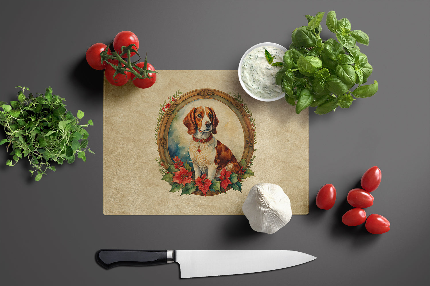 Brittany Spaniel Christmas Flowers Glass Cutting Board