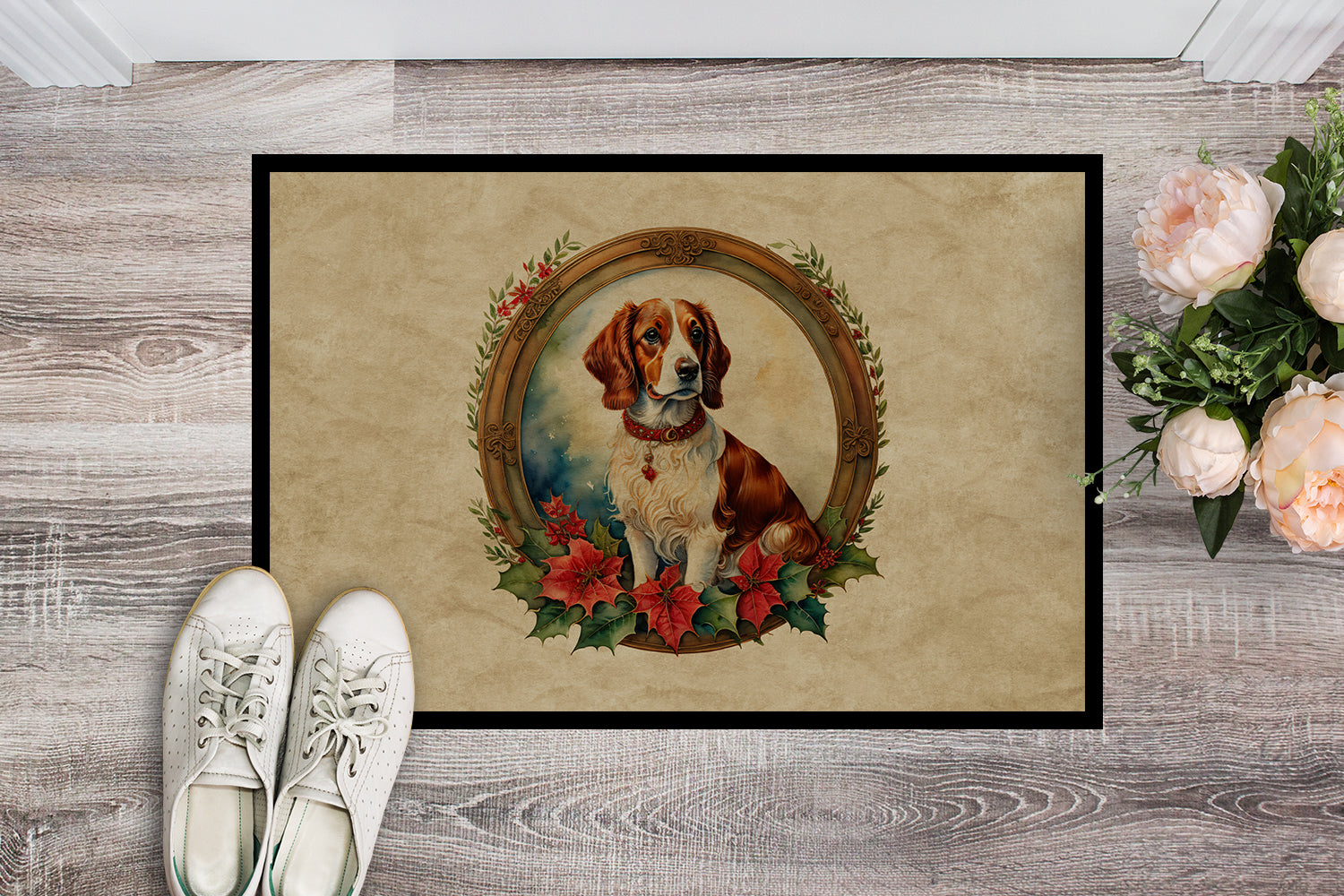 Brittany Spaniel Christmas Flowers Doormat