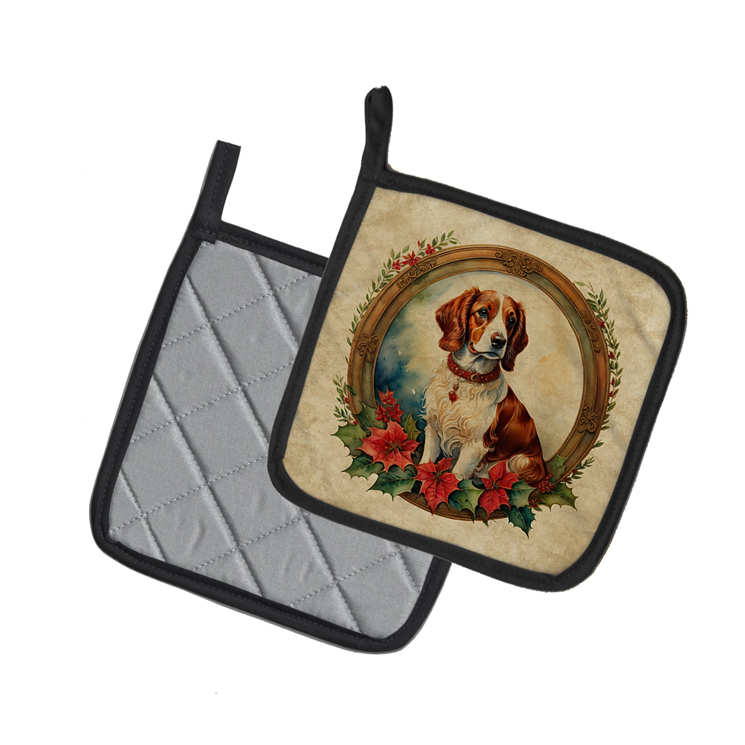 Brittany Spaniel Christmas Flowers Pair of Pot Holders