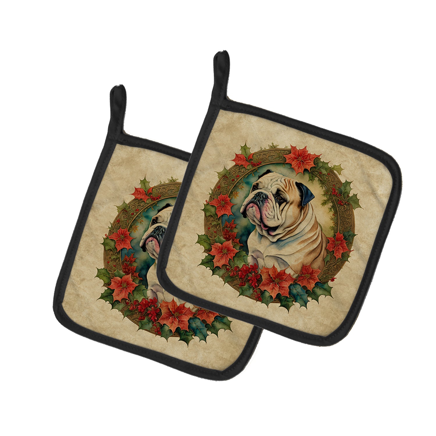 Buy this English Bulldog Christmas Flowers Pair of Pot Holders