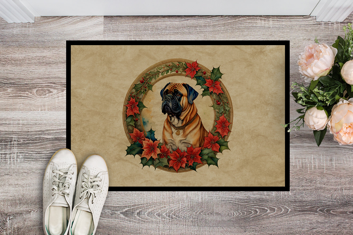 Bullmastiff Christmas Flowers Doormat