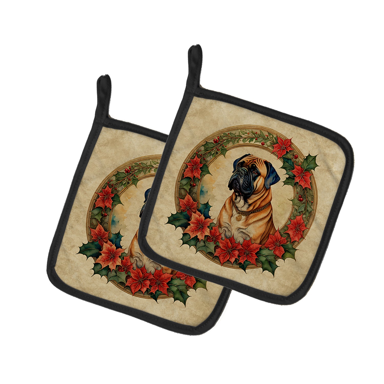 Buy this Bullmastiff Christmas Flowers Pair of Pot Holders