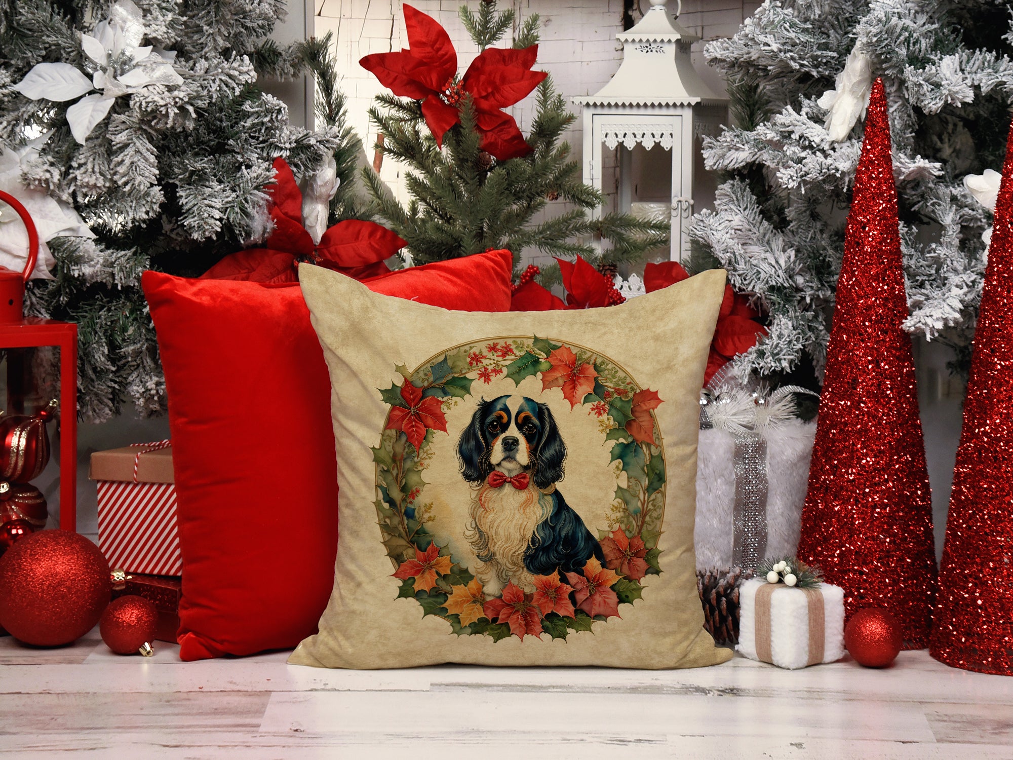 Buy this Cavalier Spaniel Christmas Flowers Throw Pillow