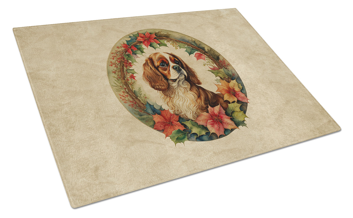 Buy this Cavalier Spaniel Christmas Flowers Glass Cutting Board