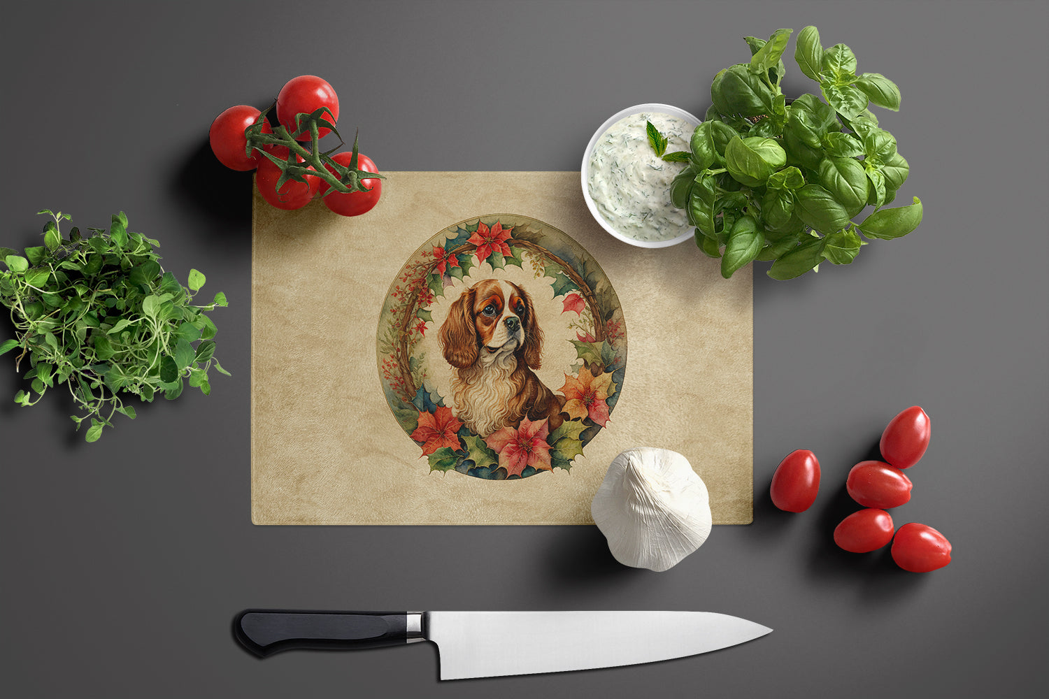 Cavalier Spaniel Christmas Flowers Glass Cutting Board