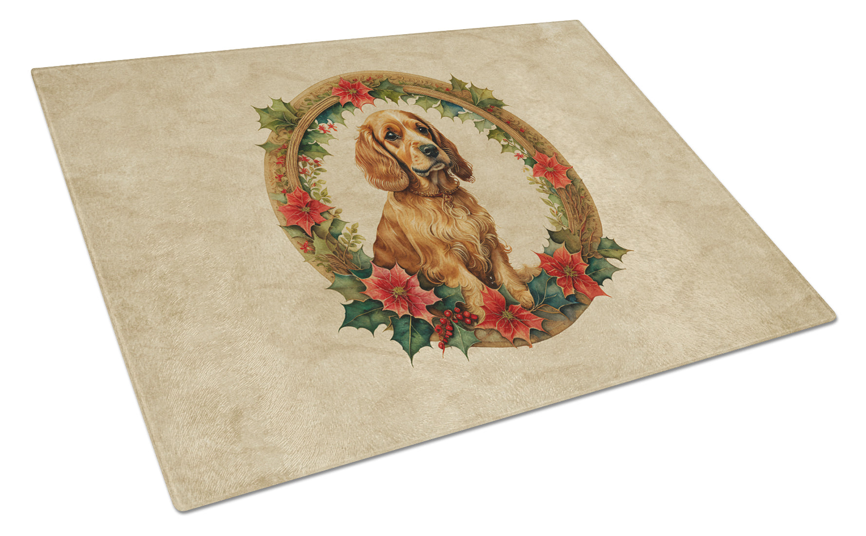 Buy this Cocker Spaniel Christmas Flowers Glass Cutting Board