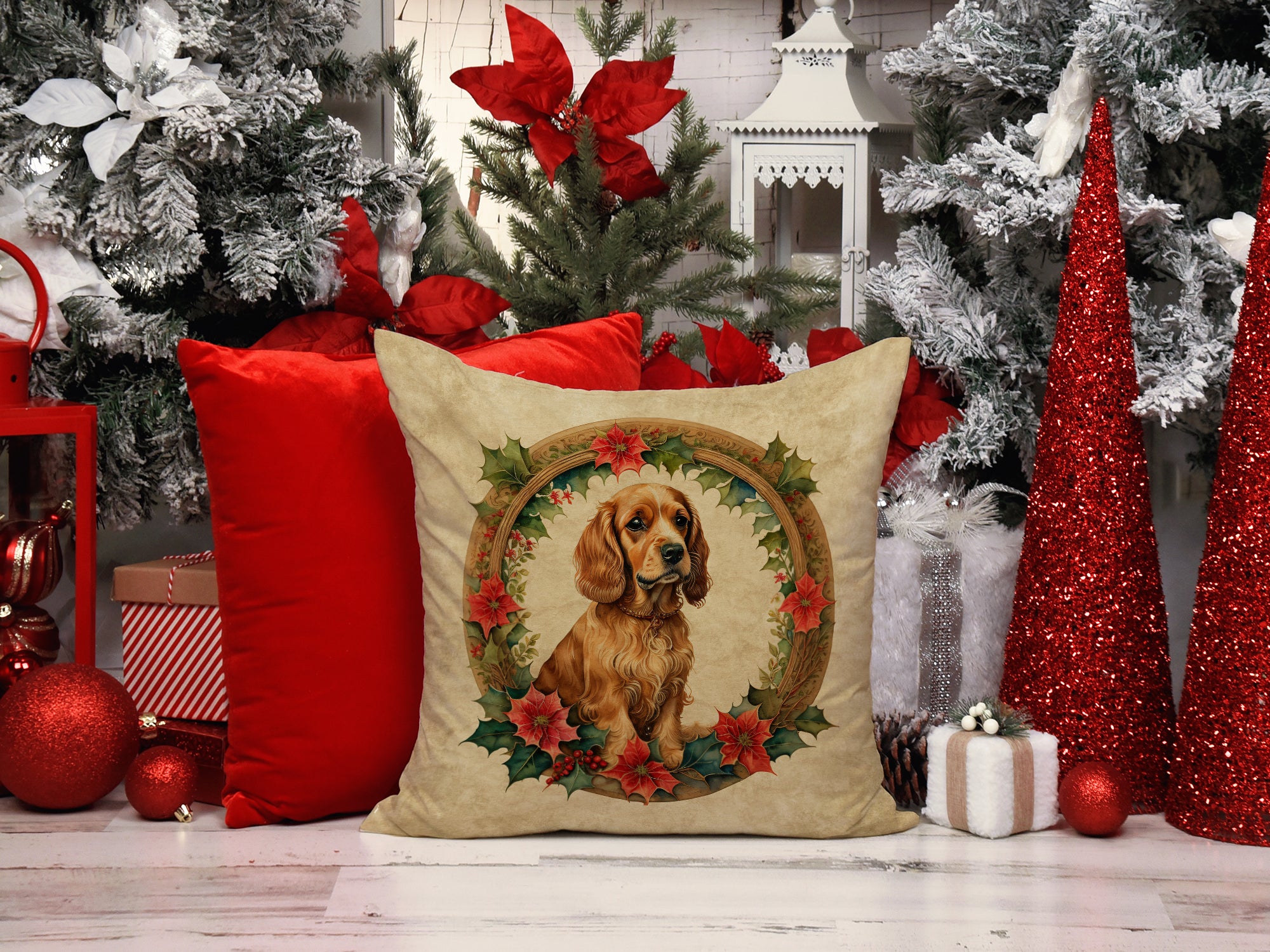 Buy this Cocker Spaniel Christmas Flowers Throw Pillow