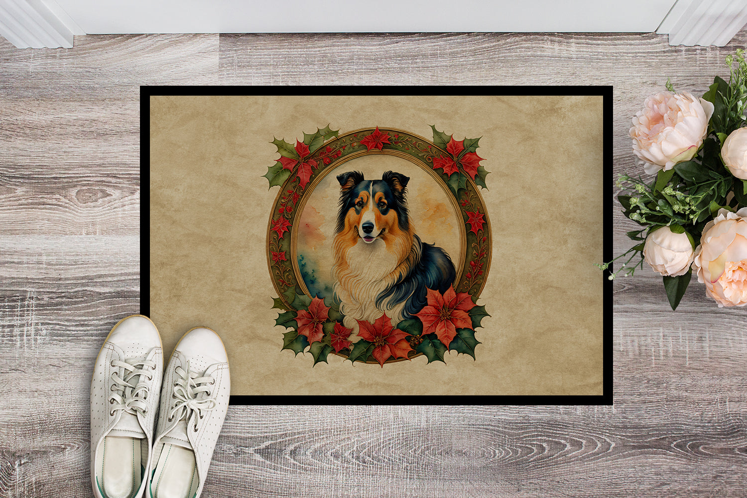 Buy this Collie Christmas Flowers Doormat