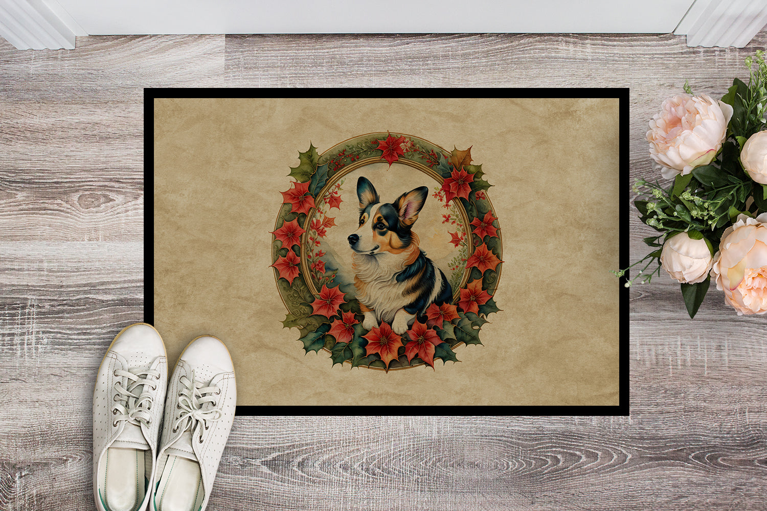 Corgi Christmas Flowers Doormat