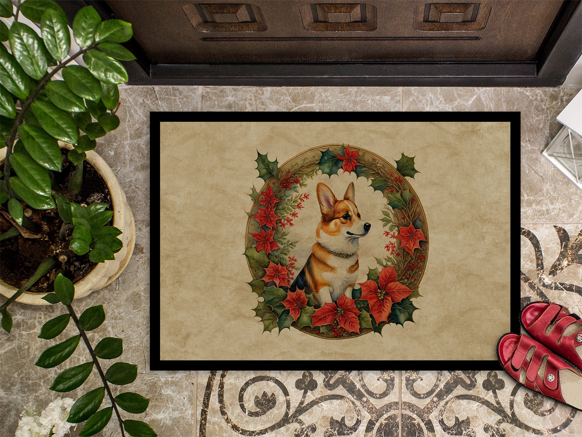 Corgi Christmas Flowers Doormat