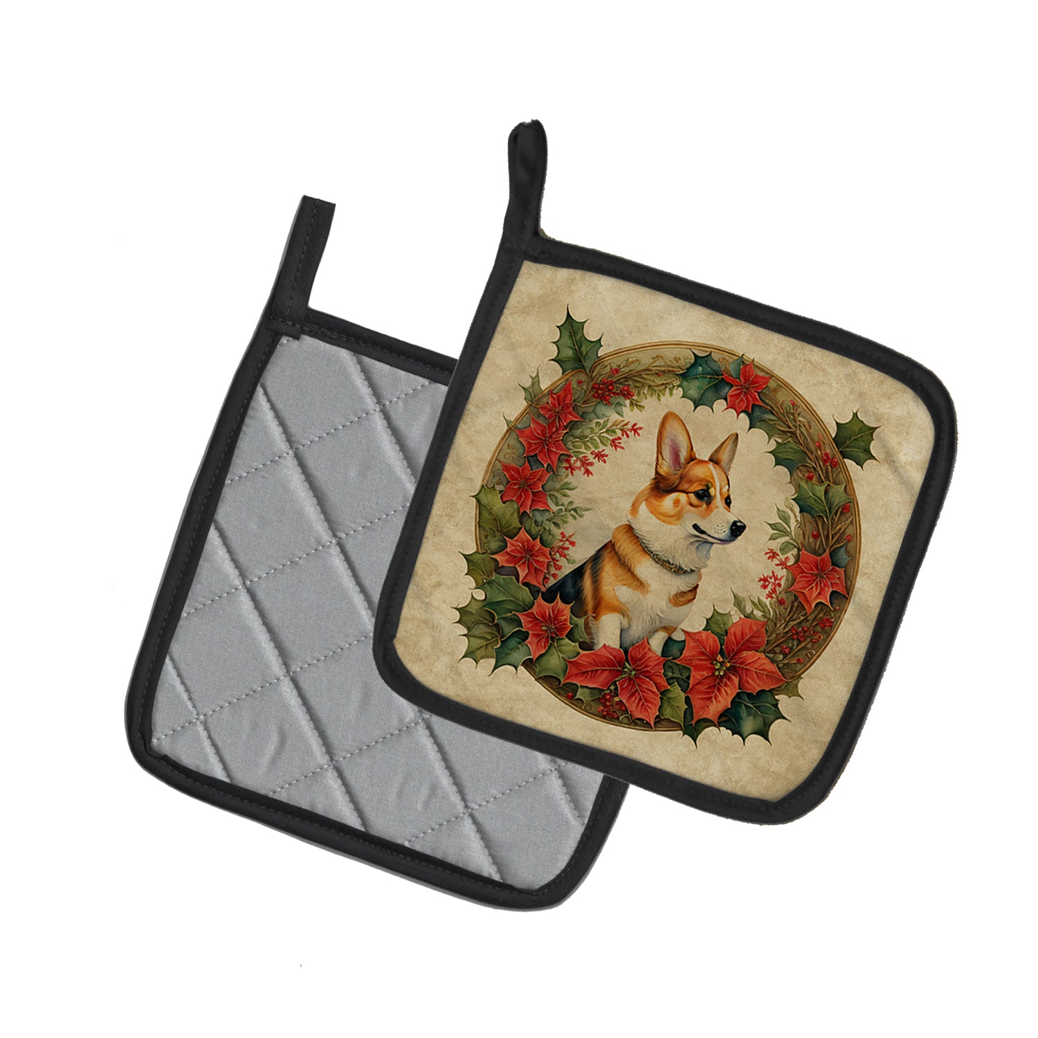 Corgi Christmas Flowers Pair of Pot Holders