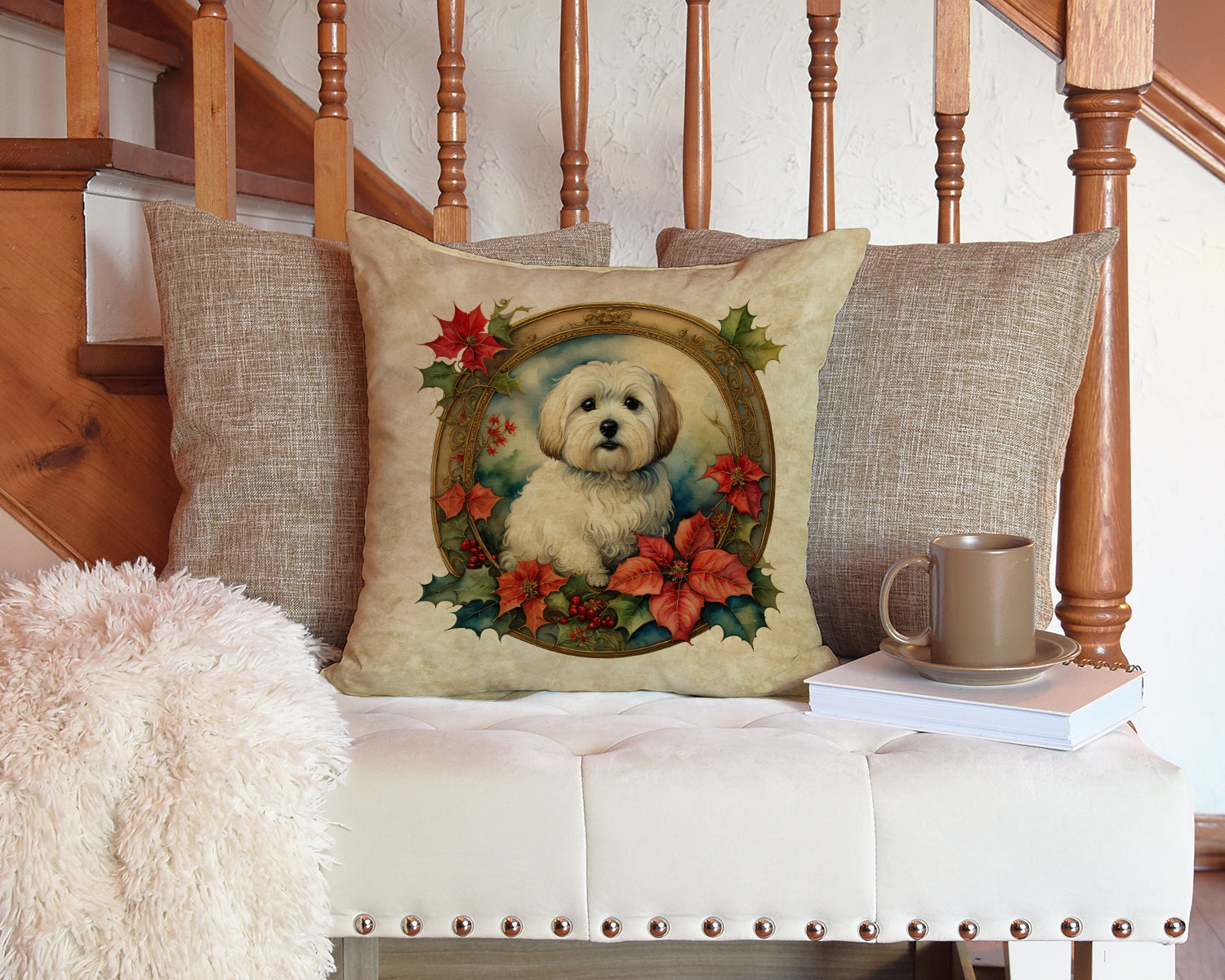 Coton De Tulear Christmas Flowers Throw Pillow