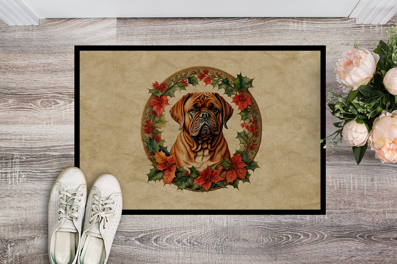 Dogue de Bordeaux Christmas Flowers Doormat